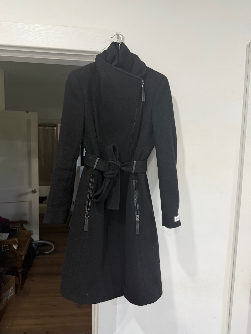 Calvin Klein Black Long Sleeve Belted Wrap Coat Dress